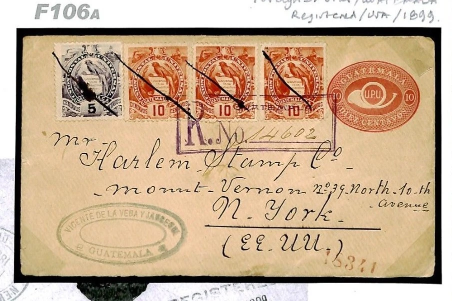 Guatemala QUETZAL BIRDS Franqueo 1899 Registrado UPU Papelería Cubierta EE. UU. F106a Foto 2 de 4
