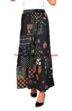 Black Vintage Indian Rayon Patchwork Hippy Gypsy Boho Maxi Women Long Skirt