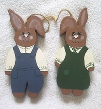 Wooden Hand Painted Handmade Shelf D cor 2 Bunnies Girl in Green  Boy in Blue