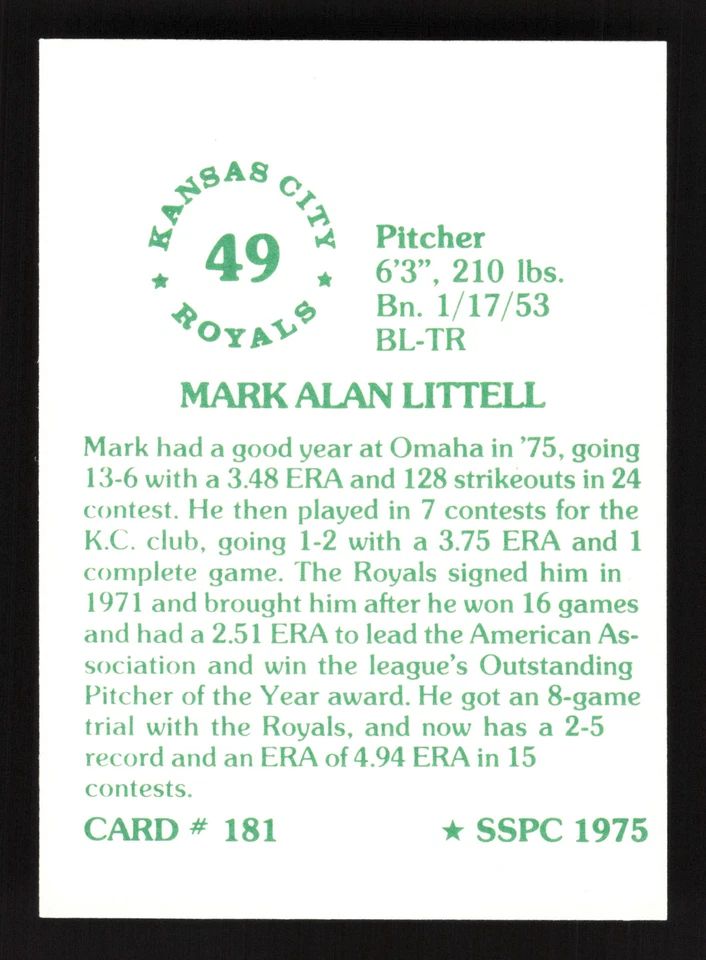 1976 SSPC #181 Mark Littell - Kansas City Royals - Image 2 of 2