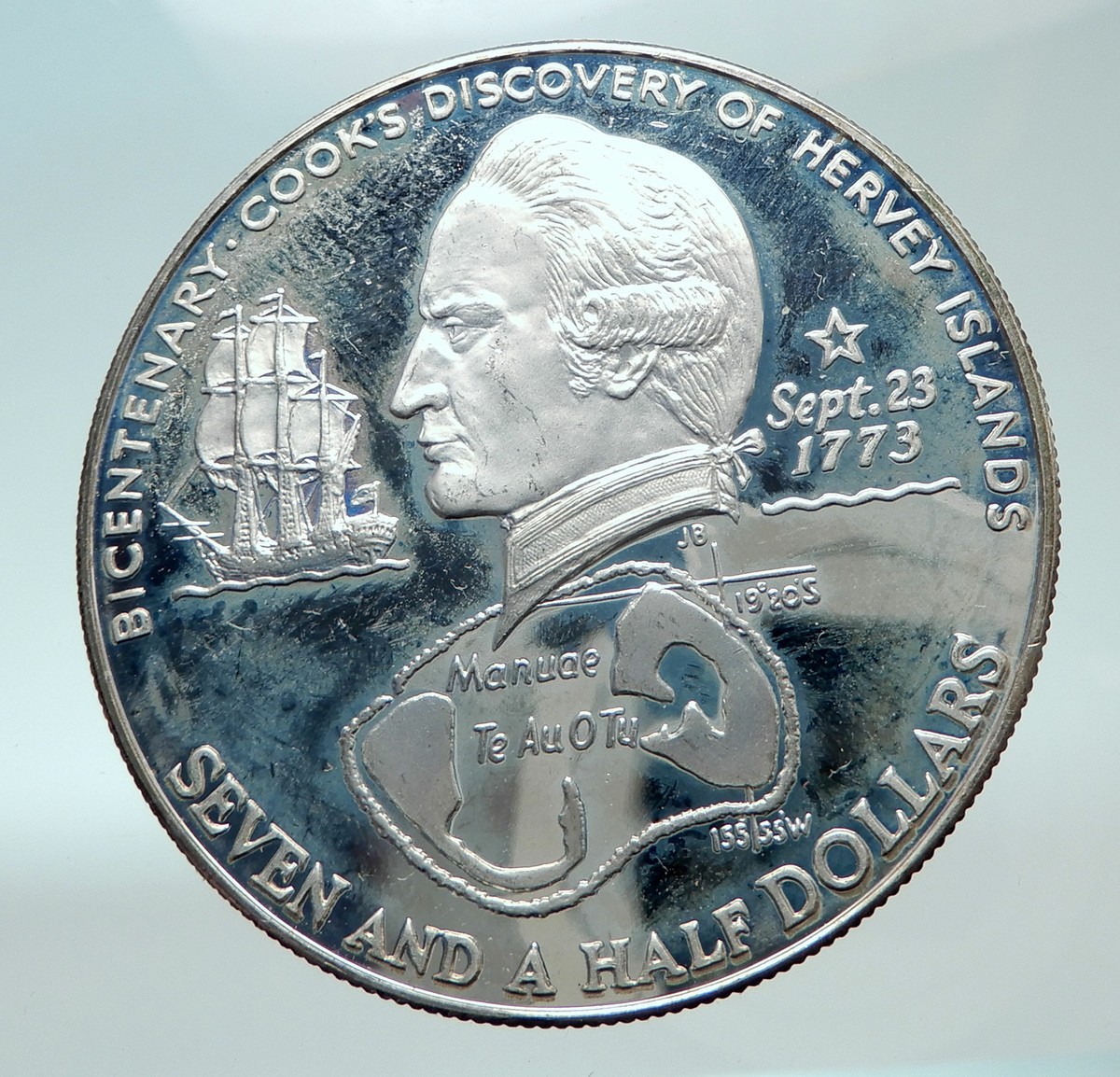 1973 COOK ISLANDS Elizabeth II James Cook Proof Silver 7.5 Dollar