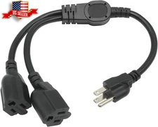 1.5 FT Extension Cord Splitter 1 to 2, 3 Prong Indoor Power Outlet Splitter, 16A