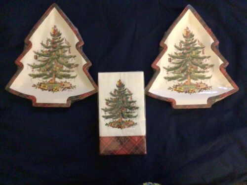 Spode Christmas Tree Plaid Coated Die Cut Plates / Napkins New 32 - Picture 1 of 1