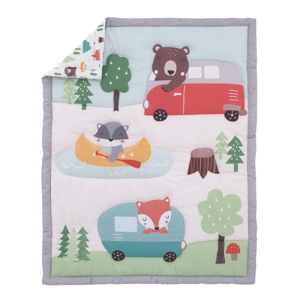 Cuna infantil NoJo Little Love retro Happy Camper verde, aguamarina y gris 3 piezas... Foto 2 de 4