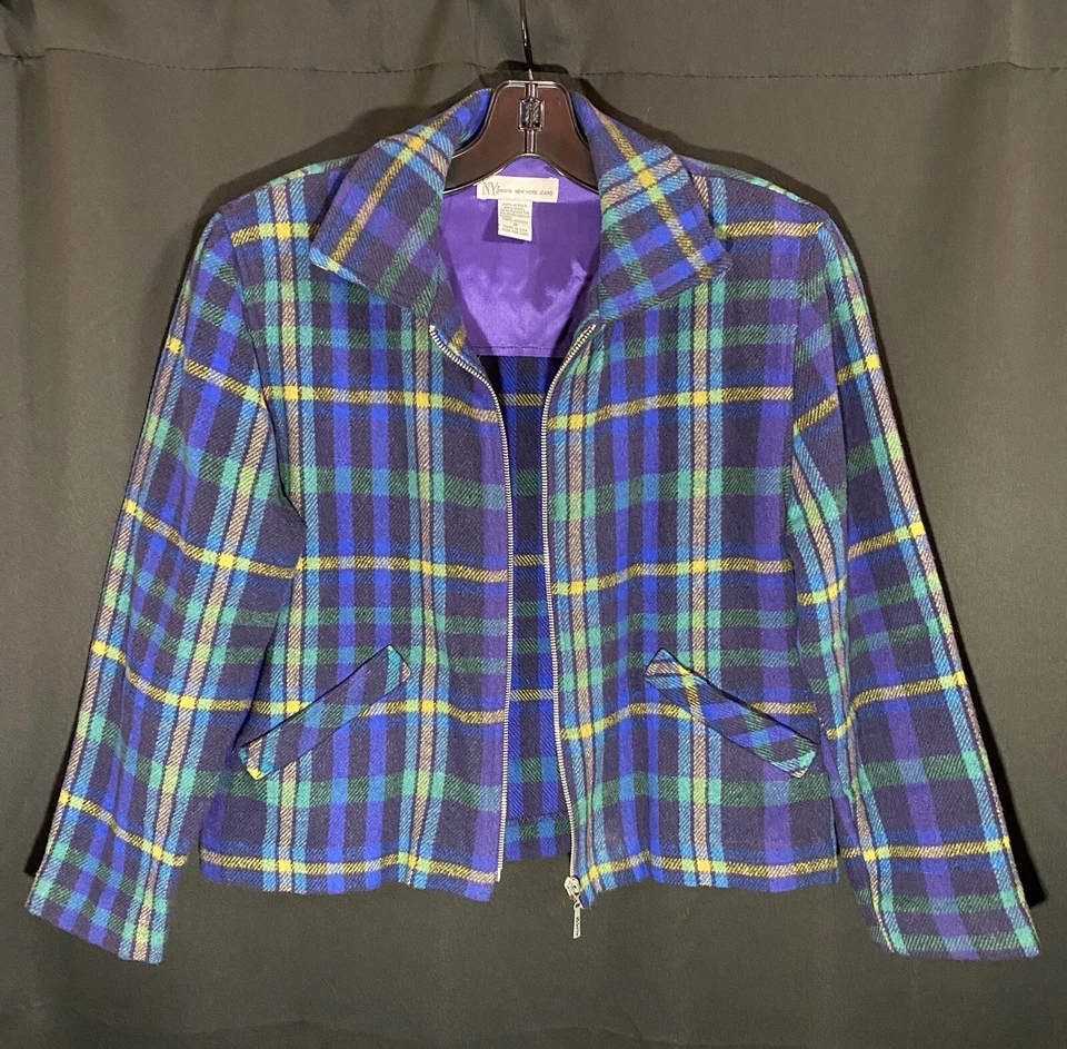 Chaqueta de mezclilla New York vintage años 90 azul verde baird a cuadros mezcla de lana cremallera Y2K talla S Foto 2 de 4