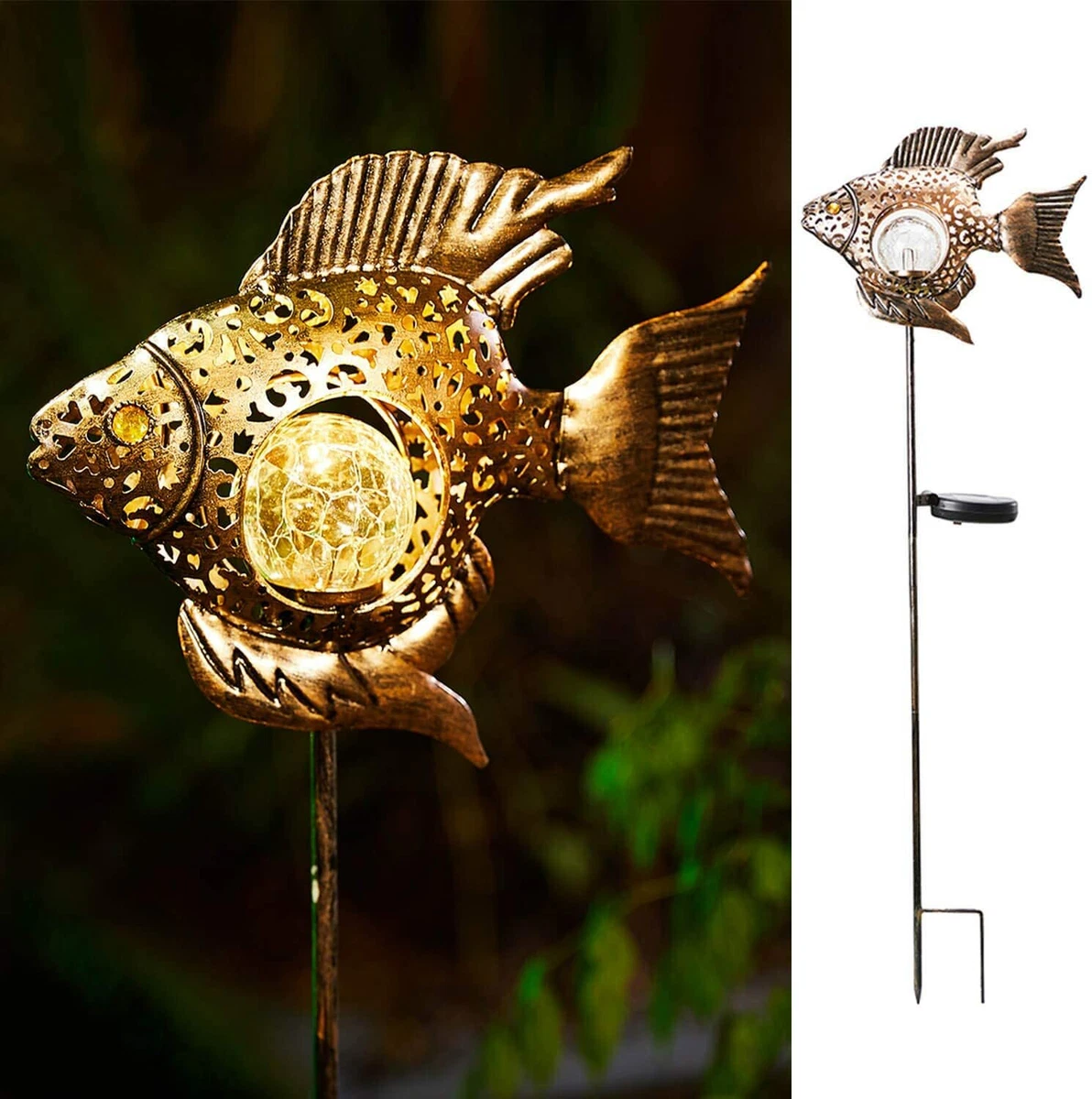 Solar Fish Statue Decor LED Figurine Light Patio Yard Garden Lawn