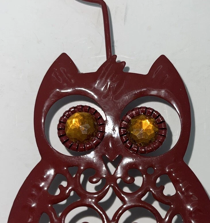 Portatarjetas de búho de metal rojo vintage ojos de estrás amarillos geniales 6,5" Foto 3 de 4