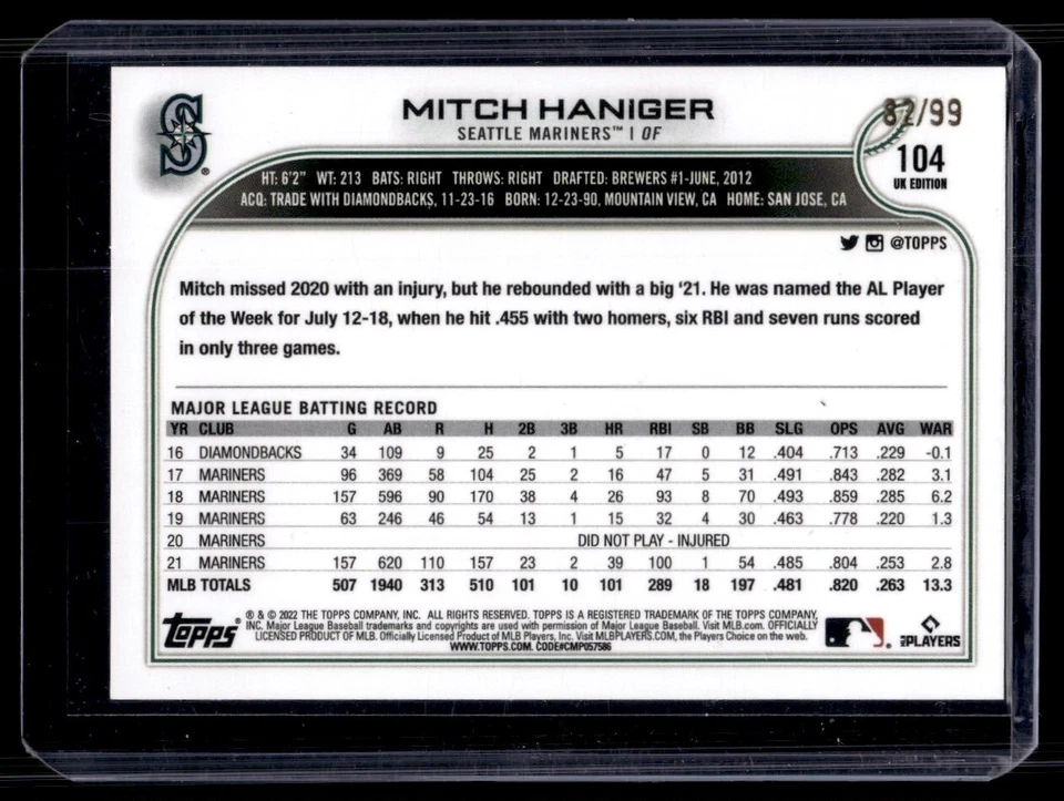 2022 Topps UK Big Ben Red Mitch Haniger 82/99 Seattle Mariners #104 - Image 2 of 2