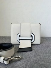 Auth Prada Octagonal Buckle White Smooth Leather Flap Crossbody Bag Wide Strap