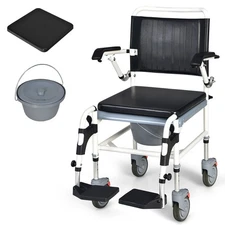 4-in-1 Bedside Commode Chair w/ Wheel Commode Wheelchair with Detachable Bucket