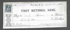 1864 Sing Sing New York Bank CHeck