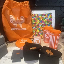 WHATABURGER Lot Folder Frisbee Phone Socket Drawstring Bag Coozie Caps 20 Oz Cup