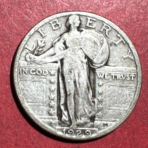 1929 US Standing Liberty SILVER Quarter! "Philadelphia" Mint! VG! Old US Coin!