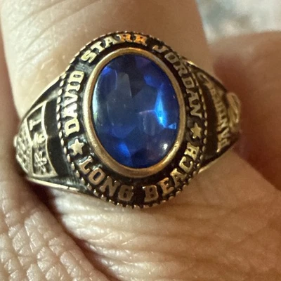 10K Gold Class Ring blauer Stein California Long Beach 1973 David Starr Jordon Gr.8 - Bild 1 von 4