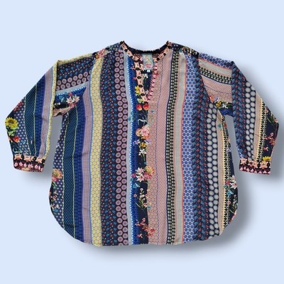 Johnny Was Bluse Langarm Patchwork Boho Blumen gestreift 100% Seide Größe 2X