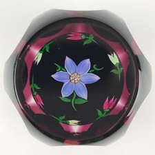 Perthshire 1980C Floral Amethyst Flash Overlay Faceted Lampwork Paperweight Cert
