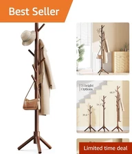 Sturdy Wooden Coat Tree with 8 Hooks, 3 Adjustable Sizes for Clothes, Hat Sta...