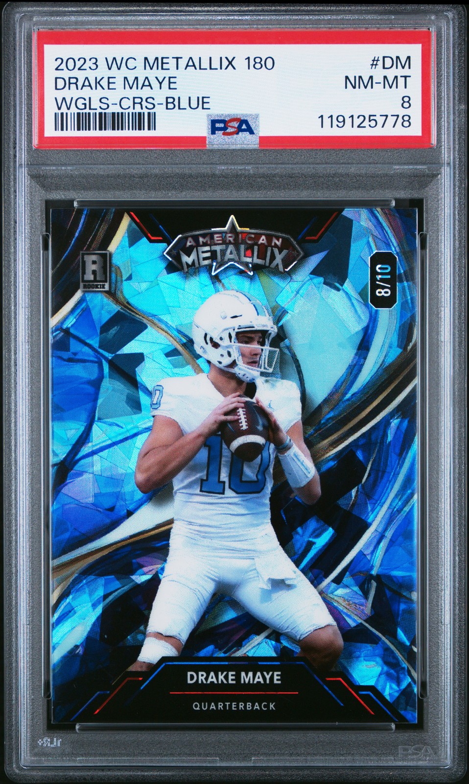 Drake Maye Wild Card American Metallix Promo Pro-Look 180 Wildglass #DM Crystal Holo Foil-Blue