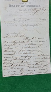 1879 BANK OF THE STATE OF GEORGIA, ATLANTA,  letter, PRES. COKER to BRO.