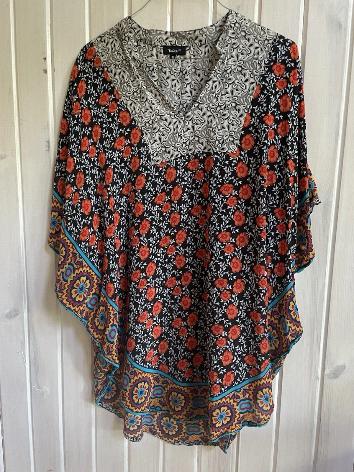 Tolani Collection Silk Poncho Top XL V Neck Multicolored Boho