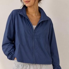 Navy blue cropped zip up jacket in size S