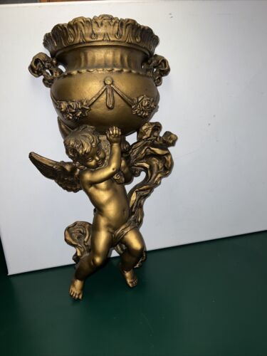 VINTAGE ANGEL CHERUB 1975 VICTORIAN GOLD WALL POCKET HOLLYWOOD REGENCY 14 1/2” - Picture 1 of 21