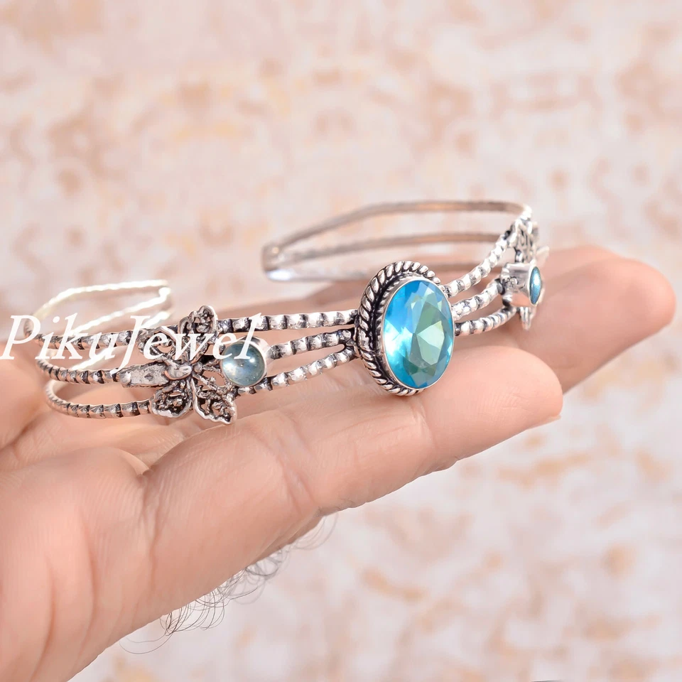 Blautopas mit Labradorit Edelstein 925 Sterling Silber Armreif Manschette für... - Bild 4 von 4