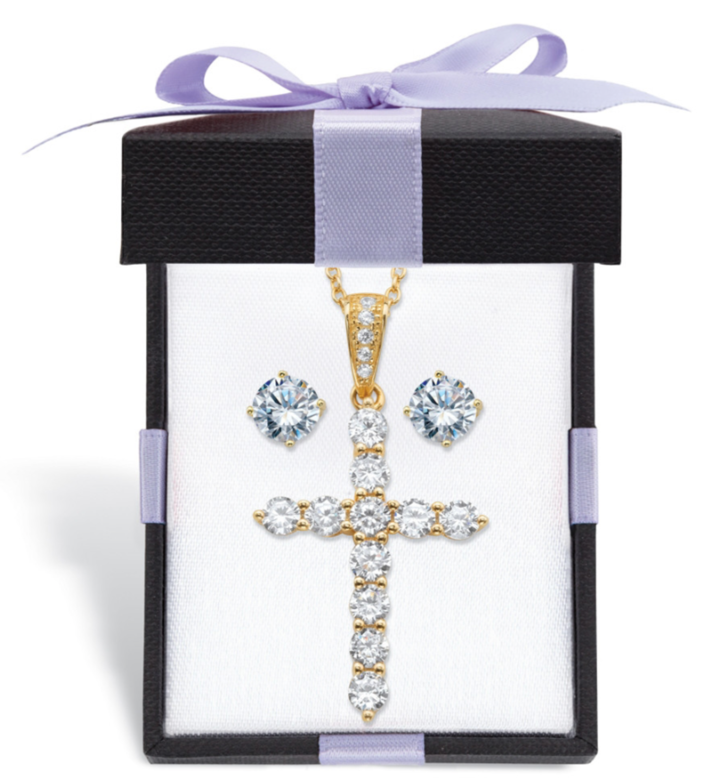 ROUND CZ STUD EARRINGS CROSS NECKLACE GP SET 14K GOLD STERLING SILVER