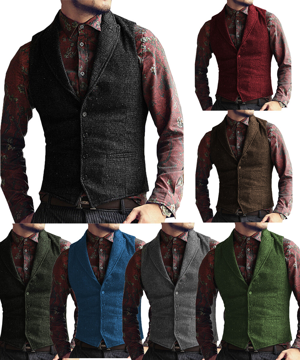 Mens Tweed Waistcoat Vintage Groom Bestman Retro Wedding Vest M Large