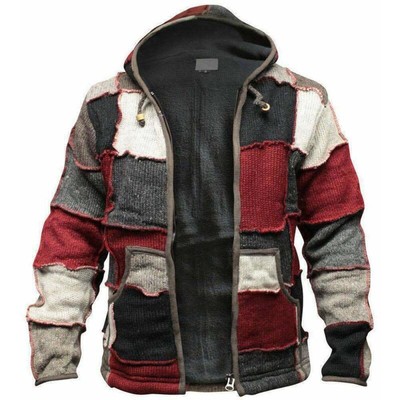 Mens Patchwork Pocket Hippy Winter WARM Zip Boho Knit Jacket Hooded Cardigan