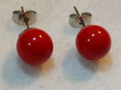 Stud Pierced Earrings - 9 mm DIA - Red Glass Ball - Silver tone - Picture 3 of 6