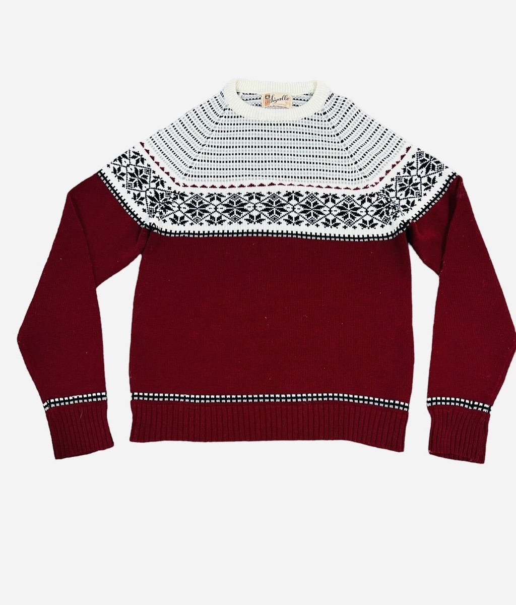 Vintage 1970 Acrylic Sigallo Red Snowflake Pattern Knitted Sweater Size XL