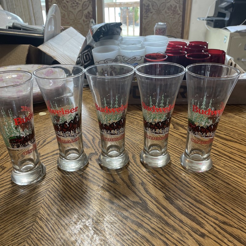 Vintage Budweiser Clydesdales Winter Scene Pilsner Beer Glasses 1989 - Set of 5