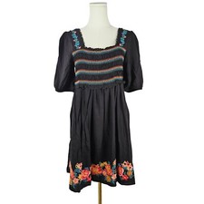 Savanna Jane Black Embroidered Floral Boho Dress Medium Babydoll