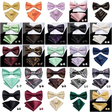 Mens Bowtie Self Pre-Tied Wedding Bow Tie Cufflinks Hankie Set Formal Party Gift