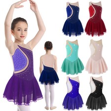 Girls Figure Ice Skating Dress Mesh Splice Ballet Leotard Competition Costume