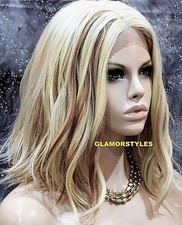 LACE FRONT FULL WIG BOB STRAIGHT LAYERED MIDDLE PART BLEACH BLONDE MIX HEAT OK