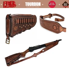 Tourbon Vintage Leather Gun Sling / Rifle Buttstock Cover Recoil Pad Ammo Holder