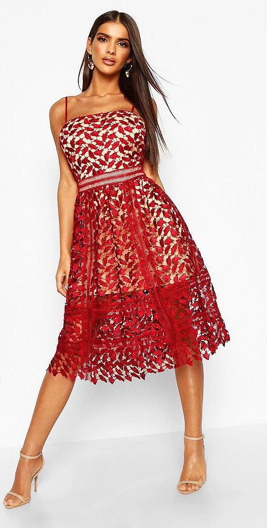 NWT Boohoo Red Corded Lace Spaghetti Strap Midi Skater Dress US Size 4