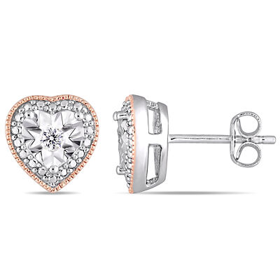 Amour Rose Plated and White Sterling Silver Diamond Heart-Halo Stud Earrings