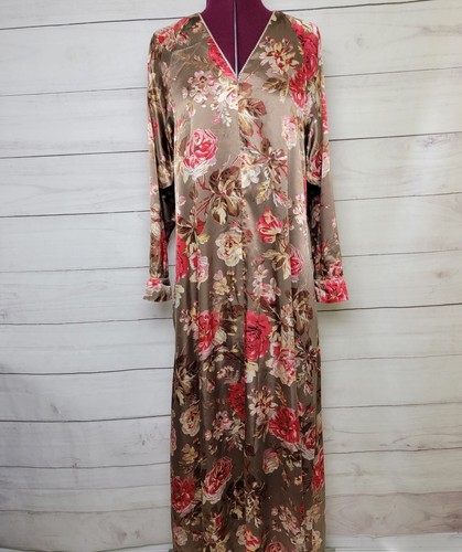 Christian Dior Vintage Rosendruck Satin Seide Kaftan Reißverschluss Kleid Hausmantel