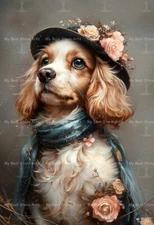 SPANIEL IN A FLORAL HAT ART PRINT, Floral Pet Portrait, Dog Poster, Animal E156