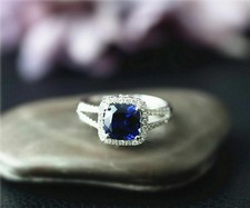 2Ct Cushion Cut Lab Created Sapphire Halo Engagement Ring 14K White Gold Plated