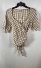 Madewell Women's Tan Gingham Checkered Wrap Tie Short Sleeve Top NWT Sz S
