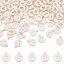 100 Pcs Flat Round Enamel Cross Charms, Hollow White Cross Charms, Alloy Enam...