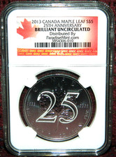 2013 CANADA $5 SILVER MAPLE LEAF 25TH ANNIVERSARY 1OZ SILVER COIN   - NGC GEM BU