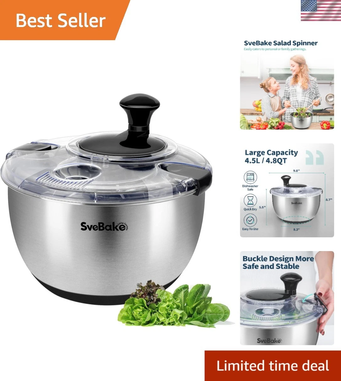 Professional Grade 4.8 Qt Salad Spinner - Effortless Veggie Washing & Drying
Opens in a new window o
