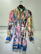 New Women’s Teal Button Up Mini Dress Collar Long Sleeve Sexy Elegant Small