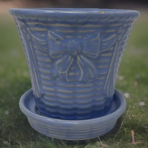 VTG Shawnee Art Pottery Basket Bow Knot Ribbon Flower Pot Saucer USA Planter