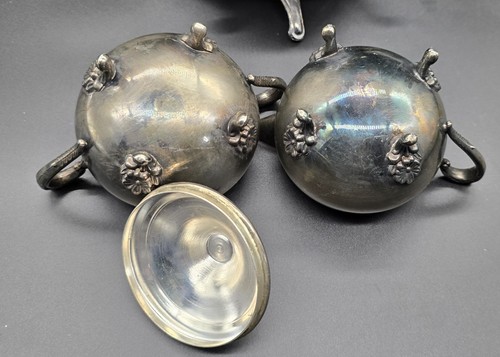 Set da tè vintage 3 pezzi placcato argento, teiera zuccheriera cremosa - Foto 8 di 13